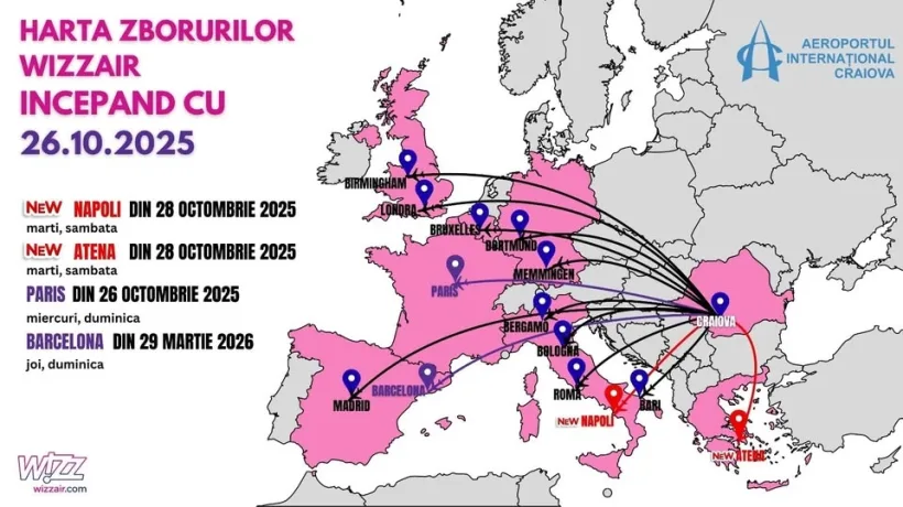 Zboruri directe către alte două destinații internaționale pentru Aeroportul internațional Craiova