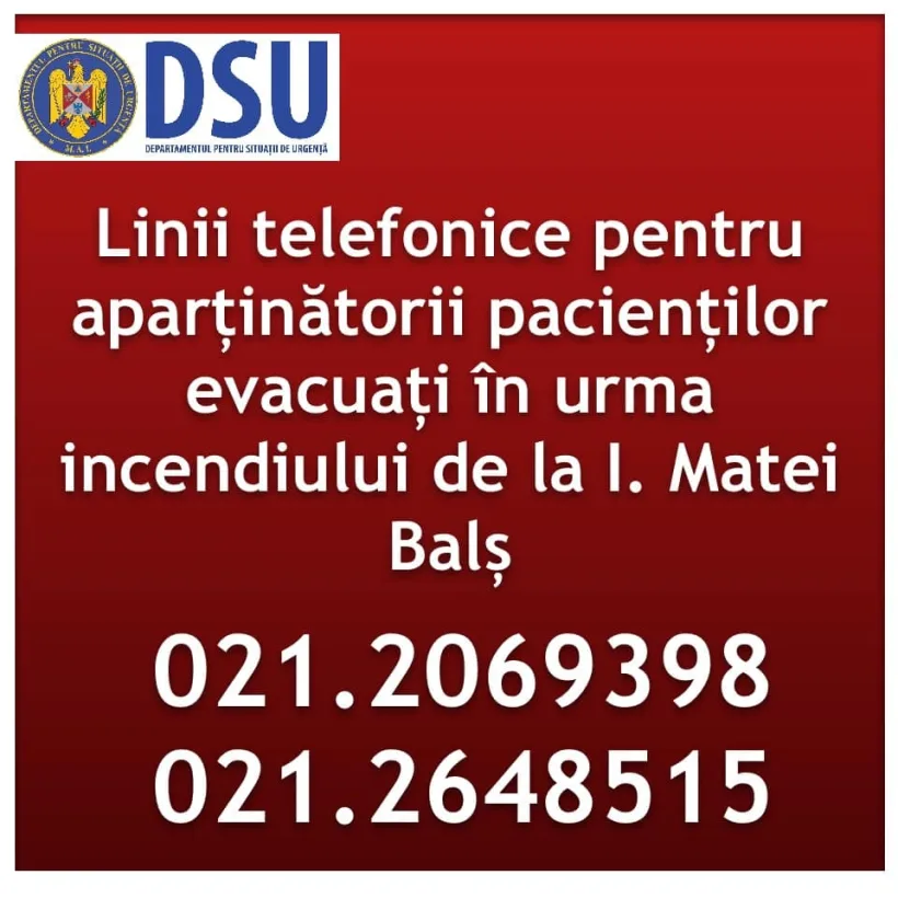 DSU: Două linii telefonice pentru rudele pacienților evacuați de la Institutul Matei Balș